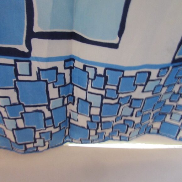 Ladies Scarf Bright Blue Blocks on White Nylon & Silk - Picture 8 of 9